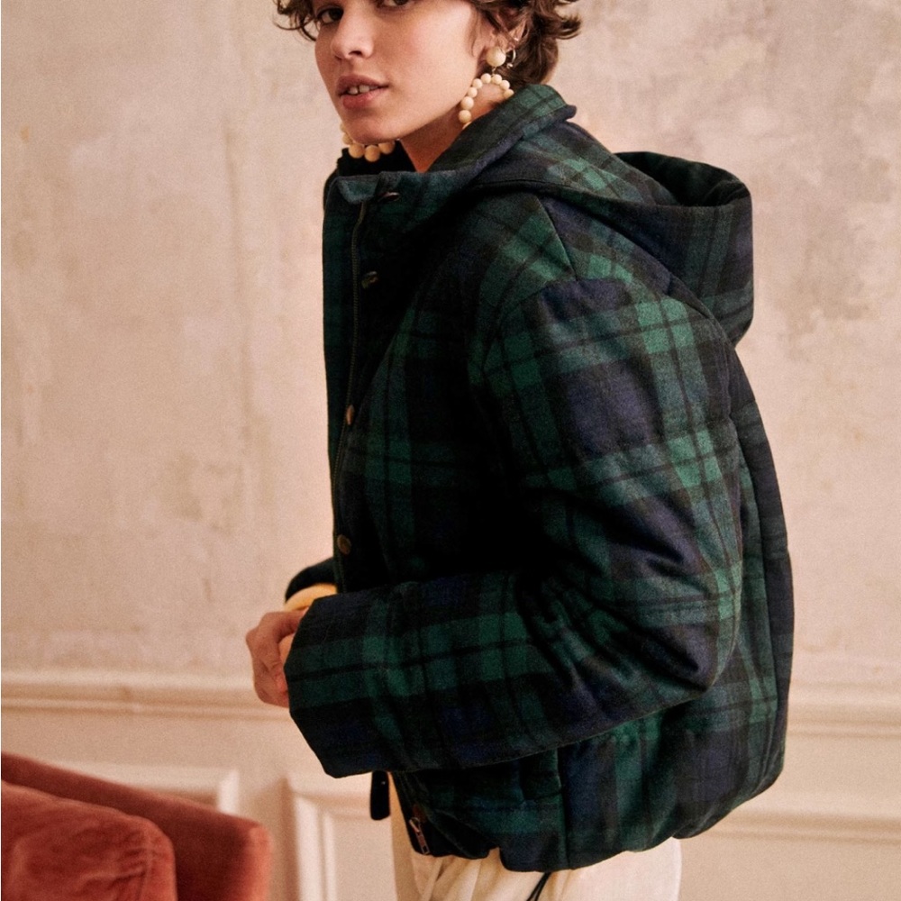 Sezane Green & Navy Plaid Hooded Puffer Jacket